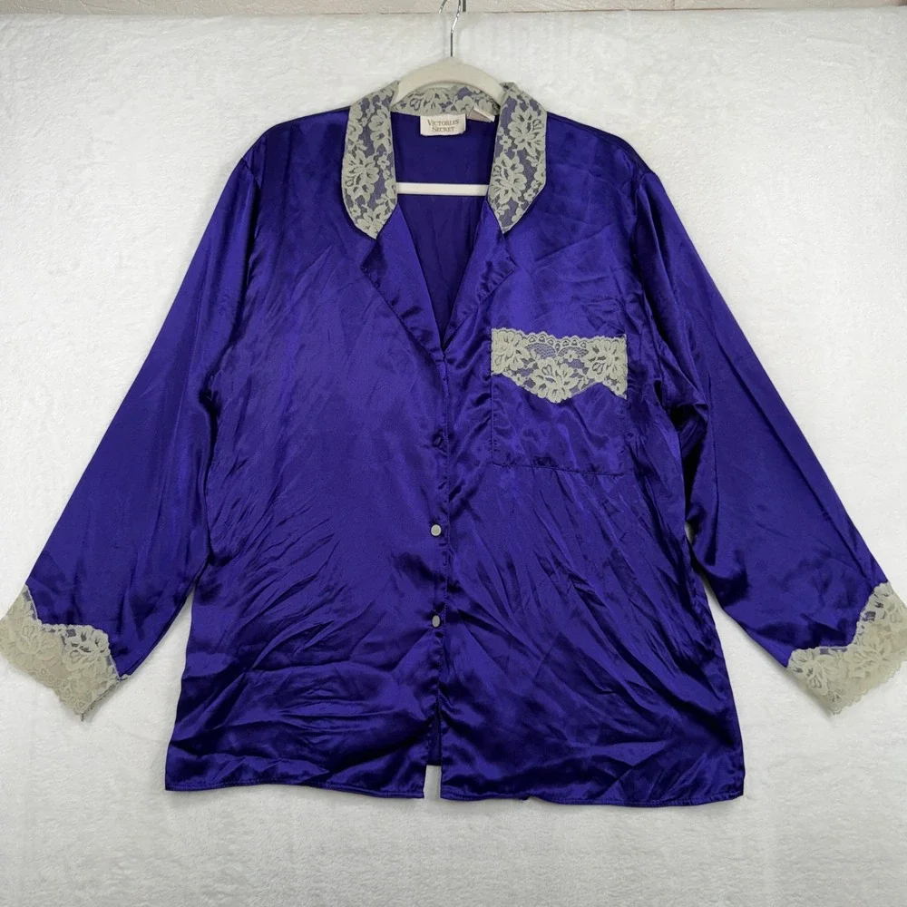 Victoria's Secret M Pajama Set Vintage Gold Label Purple Satin Lace Trim 2pc